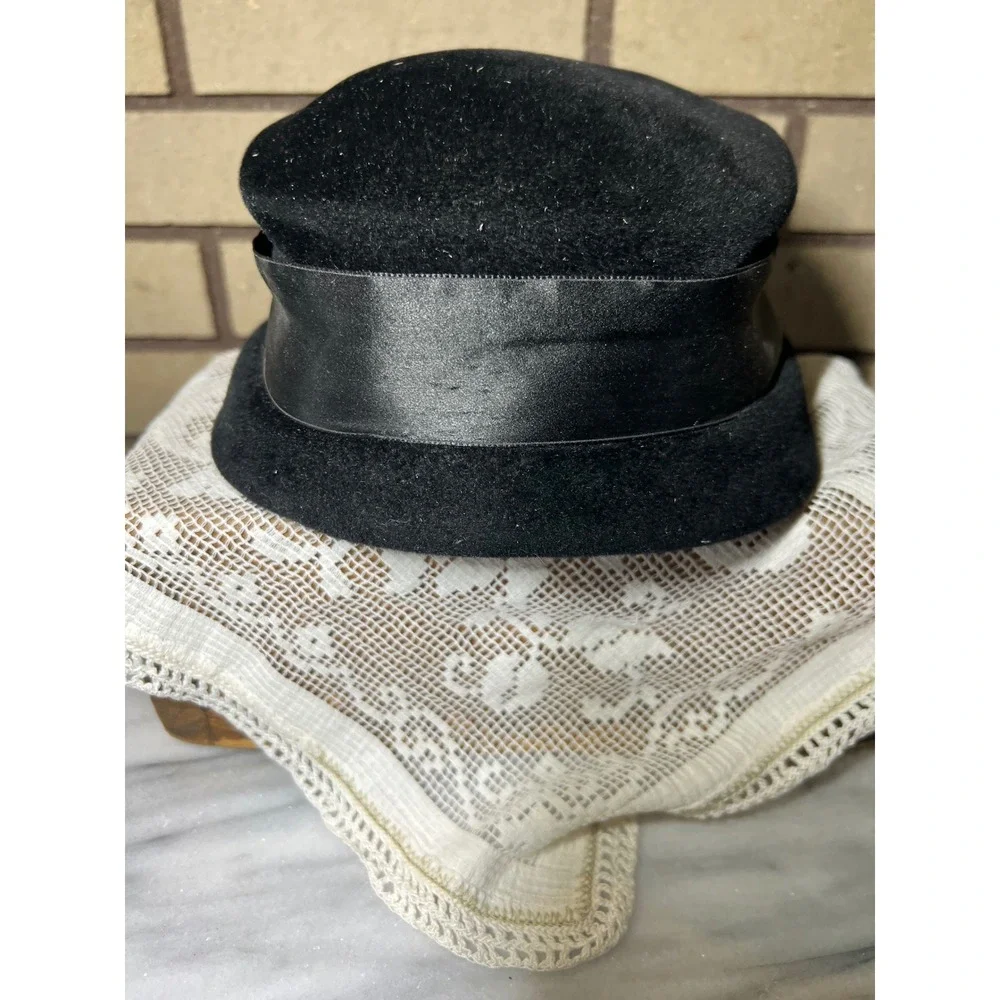 Vintage Sigma Black Wool Felt Pillbox Hat Satin Ribbon Bow Made in France